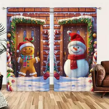 2 шт. Рождественские пряничные человечки и снеговики с принтом занавесок для рождественского домашнего декора - Карманные шторы для окон в спальню 52.5cmX116cm X 2pcs