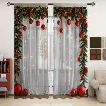 2pcs Christmas Print Semi-Sheer Curtains Rod Pocket Machine Washable Polyester Drapes for Living Room Bedroom Game Room Decor 100W130H(CM)&Grommet Top