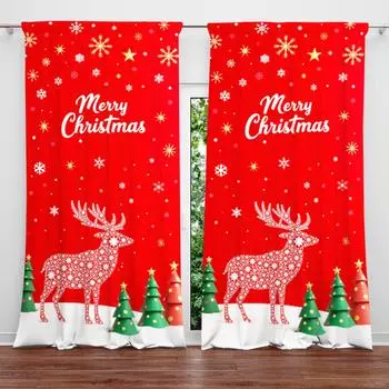 2pcs Christmas Reindeer Printed Curtain for Christmas Home Decor- Rod Pocket Window Treatment for Bedroom, Office, Kitchen 52.5cmX116cm X 2pcs