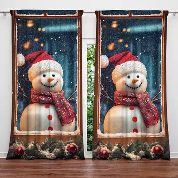 2pcs Christmas Snowman Outside The Window Printed Curtain for Home Decor - Rod Pocket Window Treatment for Bedroom, Office 52.5cmX116cm X 2pcs