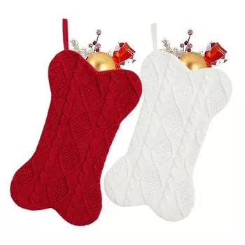 2Pcs Christmas Stockings Large Bone Shape Knitted Dog Christmas Stockings Xmas Tree Hanging 2pcs красный