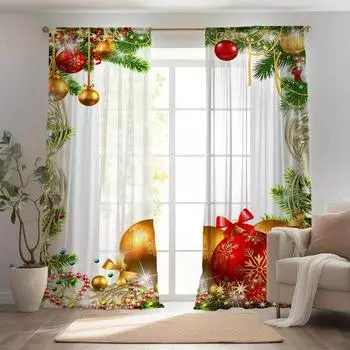 2pcs Christmas Style Room Decoration Curtains Christmas Red Flowers Birds Snowman Print Curtains for Living Room Bedroom Window 100W130H(CM)&Grommet Top