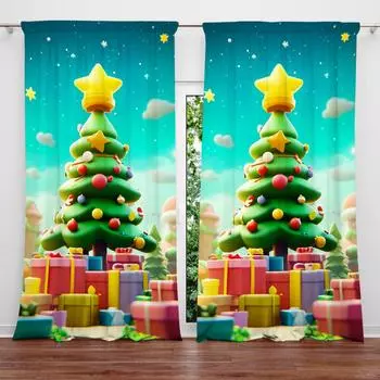 2pcs Clay Wind Christmas Tree Printed Curtain for Christmas Home Decor - Rod Pocket Window Treatment for Bedroom, Office,Kitchen 52.5cmX116cm X 2pcs