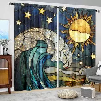 2pcs Colored Wave Glass Printed Curtain for Home Decor - Rod Pocket Window Treatment for Bedroom, Office, Kitchen, Living Room, 52.5cmX116cm X 2pcs