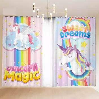 2Pcs Custom Children s Cartoon Pink Princess Wind Rainbow Unicorn Horse Curtain Little Girl Bedroom Semi-blackout Curtain Blinds 2x50W100H(CM)&Grommet Top