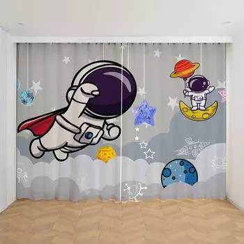 2pcs Custom Outer Space Cartoon Spaceship Rocket Curtains for Kids Bedroom Living Room Window Treatments Kitchen Drapes W50H60(CM)x2PCS&Hook
