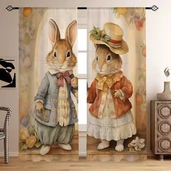 2PCS Cute Bunny Pattern Printed Curtains, Animated Cartoon Easter, Kids Room Rod Pocket Decoration Curtains, Holiday Gifts W50xH140(CM)x2PCS&Grommet Top