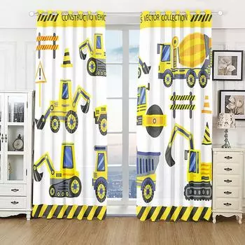 2pcs Cute Cartoon Car Truck Excavator Kids Boy Curtains Window Treatment for Bedroom Office Kitchen Living Room Study Home Decor (W50cmxH130cm)x2&Rod Pocket