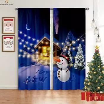 2pcs Cute Cartoon Santa Claus Snowman Snowflake Printed Curtains Bedroom Dining Room Christmas Party Decoration Curtains W50xH130(CM)x2PCS&Grommet Top