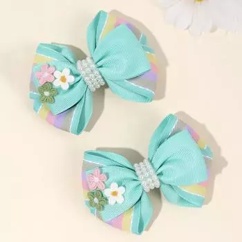 2pcs Cute Rainbow Pearl Little Flower Hair Clips for Girls , Alligator Clips with Thread Woven Ribbon Hair Accessories Headwear