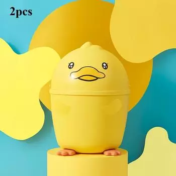 2pcs Cute Yellow Rubber Duck Mini Trash Cans,Desktop Flip Top Wastebaskets with Adorable Duck Design, Compact Plastic Storage for Bedroom,Desk,Office