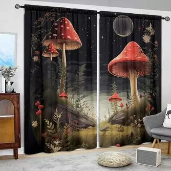 2pcs Dark Mushroom Printed Curtain for Home Decor - Rod Pocket Window Treatment for Bedroom,Office,Kitchen,Living Room,and Study 52.5cmX116cmX2pcs