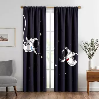 2PCS Deep Blue Space Astronaut Window Curtains Planets Cosmic Adventure Home Decor Rod Pocket for Boys Girl Bedroom Decorate. 150x166cm
