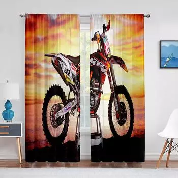 2pcs Dirt Bike Motorcycle Motocross Rider Curtains for Boys Men Bedroom Living Room Kitchen Extreme Sports Curtain Blinds Window (W50H130cm)-2pcs&Hook