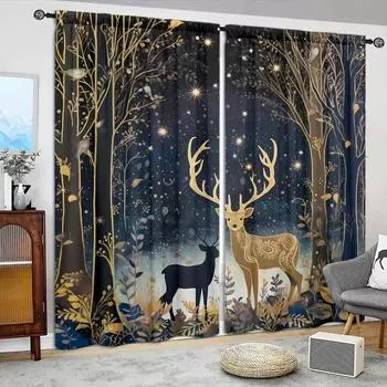 2pcs Dream Deer Style Printed Curtain for Home Decor - Rod Pocket Window Treatment for Bedroom, Office, Kitchen and Living Room 52.5cmX116cmX2pcs
