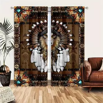 2PCS Dreamcatcher Wolf Print Curtains,Translucent lndoor And Outdoor Curtains Privacy Protector Curtains For Bedroom LiVing Room W65X60H(cm)X2Pcs&Hook