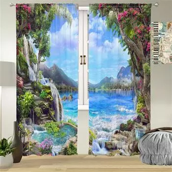 2Pcs Dreamland Curtains Waterfall Lake Mountain Print Living Room Bedroom Decor Curtains Nature Landscape Sunshade Curtains 29.5W65H(inch)x2Pcs&Rod Pocket