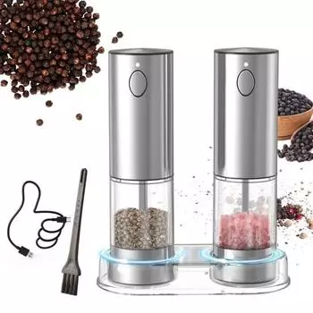 Набор из 2 электрических мельниц для соли и перца со встроенной подсветкой, перезаряжаемая мельница из нержавеющей стали с регулируемой степенью помола, светодиодная подзарядка через USB-C 2pcs