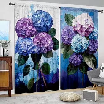 2 шт. Элегантные фиолетовые цветы гортензии с принтом штор для домашнего декора - Карманные шторы для окон в спальню, офис, кухню, 52.5cmX116cm X 2pcs