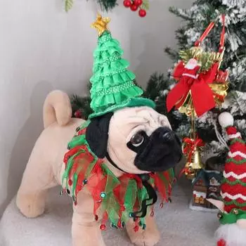 2Pcs Elf Hat Cat Tutu Collar and Hat Set Green Shiny Hat Kitten Outfit Clothing Birthday Party 2pcs set