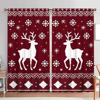 2pcs Elk Deer Snowflake Printed Curtain for Christmas Home Decor - Rod Pocket Window Treatment for Bedroom,Office,Kitchen 52.5cmX116cm X 2pcs