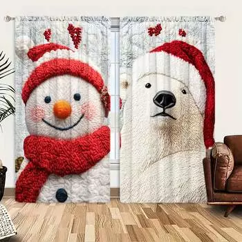 2pcs Embroidered Christmas Snowman and Bear Printed Curtain for Christmas Home Decor - Rod Pocket Window Treatment for Bedroom 52.5cmX116cm X 2pcs