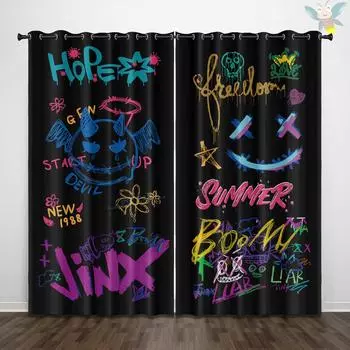2pcs English graffiti painting curtain, suitable for living room, bedroom, study, office, sliding window, french window 150x166cm&Grommet Top