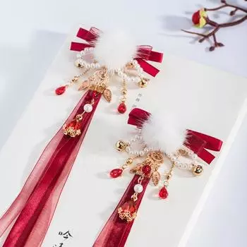 2pcs Exquisite Plush Bow Hair Clips Tassels Flower Hairpin Fashion Pearl Ribbon Barrettes Girls A