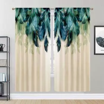 2pcs Feather Green Flowers, Study Room Kitchen Living Room Dorm Room Rod Pocket Top Window Drapes, Bedroom W30H65inchW75H166cm
