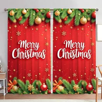 2pcs Festive Atmosphere with Merry Chr Printed Curtain for Christmas Home Decor - Rod Pocket Window Treatment for Bedroom,Office 52.5cmX116cm X 2pcs