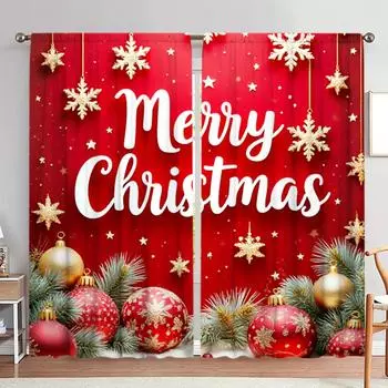 2pcs Festive Atmosphere with Merry Christmas Printed Curtain for Christmas Home Decor - Rod Pocket Window Treatment for Bedroom 52.5cmX116cm X 2pcs