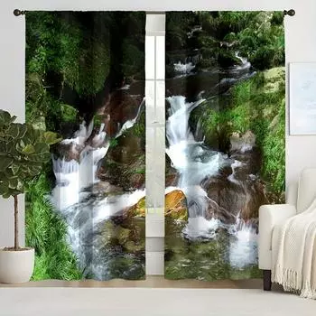 2pcs Forest Waterfall Prints Curtain Rod Pocket Privacy Window Drapes Semi-Blackout Window Treatments For Bedroom Blinds Windows (W50cmxH130cm)x2&Rod Pocket