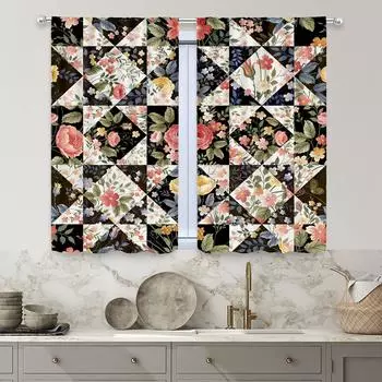 2pcs Fresh Plaid Flower, Study Room Kitchen Living Room Dorm Room Rod Pocket Top Window Drapes, Bedroom W30H65inchW75H166cm