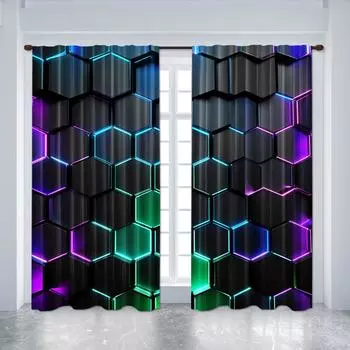 2pcs Futuristic Hexagon Pattern Printed Curtains, Digital Print Drapes Polyester for Living Room, Bedroom, Kitchen, Home Decor W60xH100(CM)x2pcs&Hook