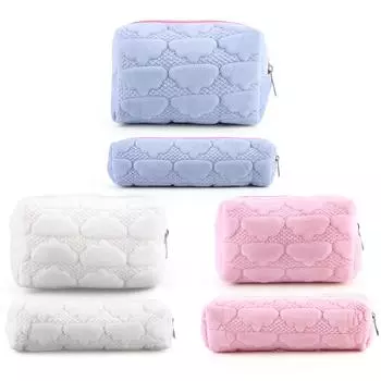 2Pcs Fuzzy Makeup Pouch Cute Travel Toiletry Bag Soft Makeup Brush Storage Bag синий