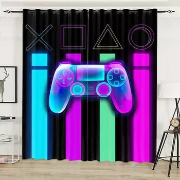 2pcs Game Play Handle Controller Gamepad Kids Curtains Blinds Window Treatment for Bedroom Office Kitchen Living Room Home Decor W50 X H130(CM)X2&Hook
