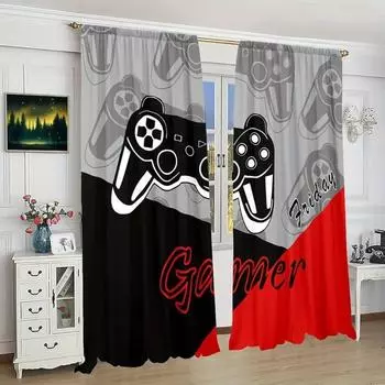 2pcs Games Curtains Gamepad Window Gaming Video Curtains, Teens Gamer Gamepad Pattern Window Treatment For Living Room Bedroom 2x50W130H(CM)40x51in&Hook