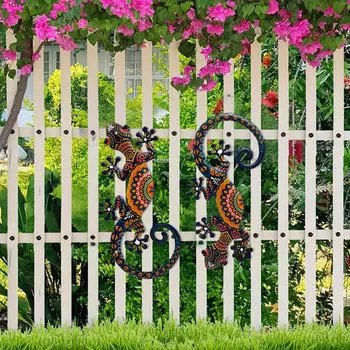 2Pcs Gecko Wall Decor Art Artwork Iron Hanging Sculpture Outdoor Decoration for Porch