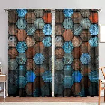 2pcs Geometric Wood Grain Printed Curtain for Home Decor - Rod Pocket Window Treatment for Bedroom, Office, Kitchen, Living Room 52.5cmX116cm X 2pcs