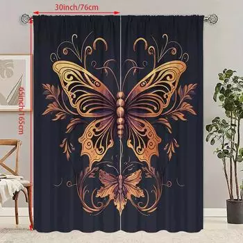 2PCS- Gold butterfly - Printed curtain - Polyester material - suitable for bedrooms, living rooms, study rooms, private Spaces 23Wx59L(60x150CM)x2