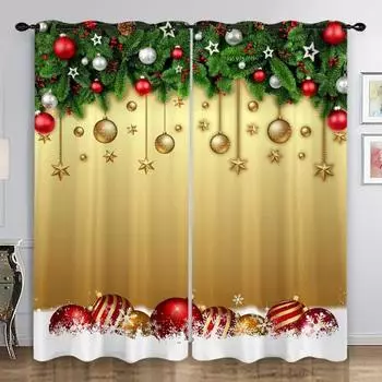 2pcs Golden Christmas Pattern Curtains, Christmas Balls Kitchen Curtains the Living Room Office Partition Curtains for Christmas 2x50W130H(CM)40x51in&Hook