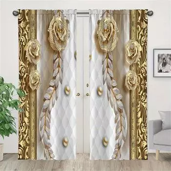 2pcs Golden Flowers Crystal Pattern Curtain Study Room Kitchen Living Room Dorm Window Drapes Bedroom Accessories Home Decor 50W130H(CM)X2PCS&Grommet Top