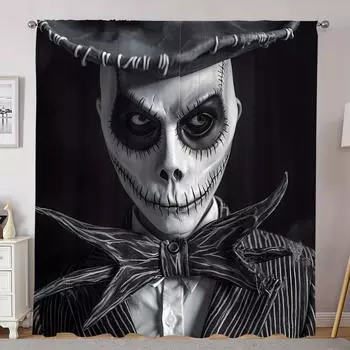 2pcs Gothic Skeleton Print Curtains Rod Pocket Decorative Window Drapes Window Treatments For Bedroom Living Room Office Study 100W130H(CM)&Grommet Top