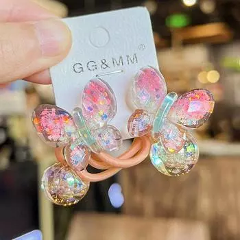 2PCS Gradient Colored Butterfly Bubble Beads Girls Elastic Hair Bands Princess Hair Accessories Children Hair Ties Baby Headwear