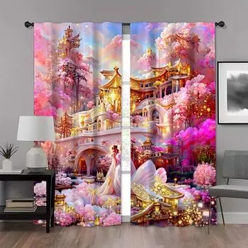2pcs Green Peony Digital Printed Curtain Crystal Wind Chimes Thickened Brushed Curtain Window Curtain For Living Room Bedroom (50Wx50H)x2(CM)&Rod Pocket