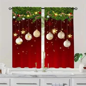 2pcs Green Pine Branch Golden Christmas Ball Pattern Curtains,Kitchen Curtain for Bedroom Living Room Home Holiday Decoration W60xH100(CM)x2pcs&Hook