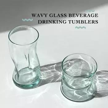 2PCS Green Wavy Glass Beverage Drinking Tumblers Colored Glass Home Coffee Juice Water Cup ,Clear/Turquoise Gradient,12-14oz 301-400ml