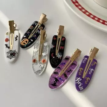 2Pcs Halloween Pumpkin Ghost Print Seamless Hair Clip Creative Funny Spider Bangs Clip Barrettes For Girl Party Hair Accessories