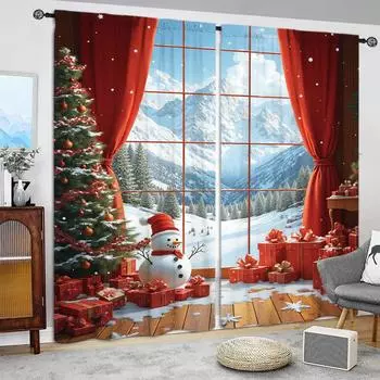 2pcs Happy Christmas Printed Curtain for Christmas Home Decor - Rod Pocket Window Treatment for Bedroom,Office,Kitchen 52.5cmX116cm X 2pcs