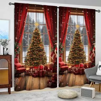 2pcs Having Christmas Day Printed Curtain for Christmas Home Decor - Rod Pocket Window Treatment for Bedroom,Office,Kitchen 52.5cmX116cm X 2pcs
